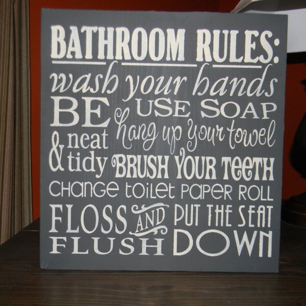 Navy BATHROOM Sign / Rustic Wood Sign / Bathroom Rules Sign / Hand