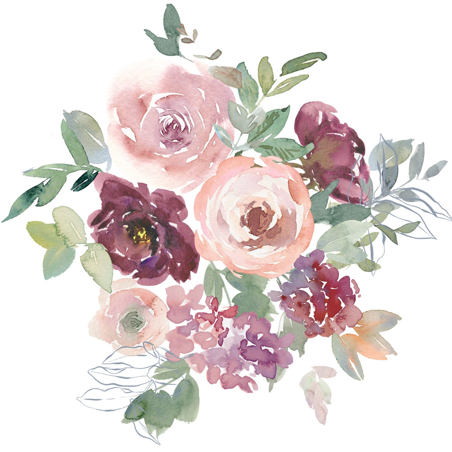 La Romantique* Blush Flowers Clipart Watercolor Romantic Florals Elements Hand Painted Wedding Decor #S66