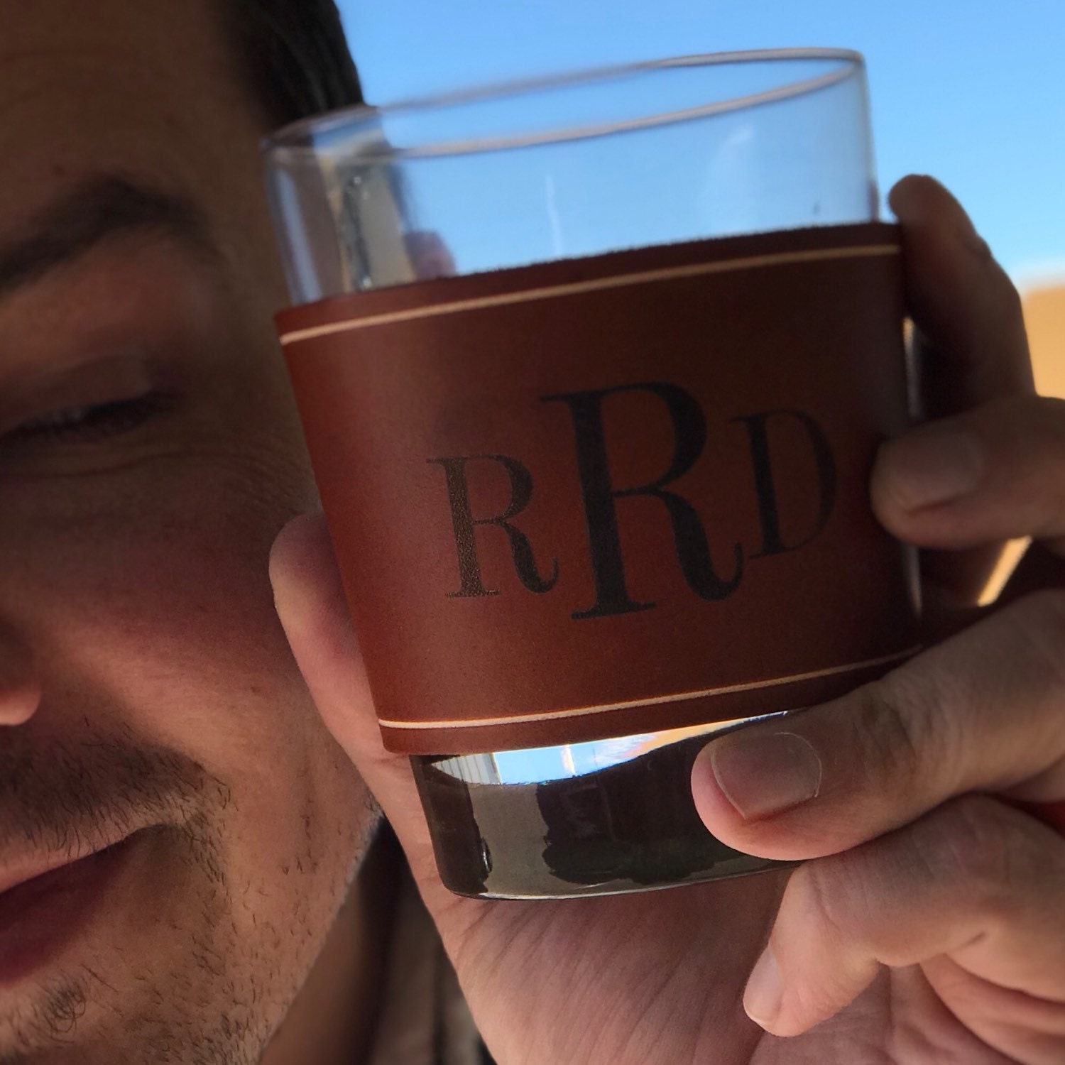 custom leather wrapped whiskey glass