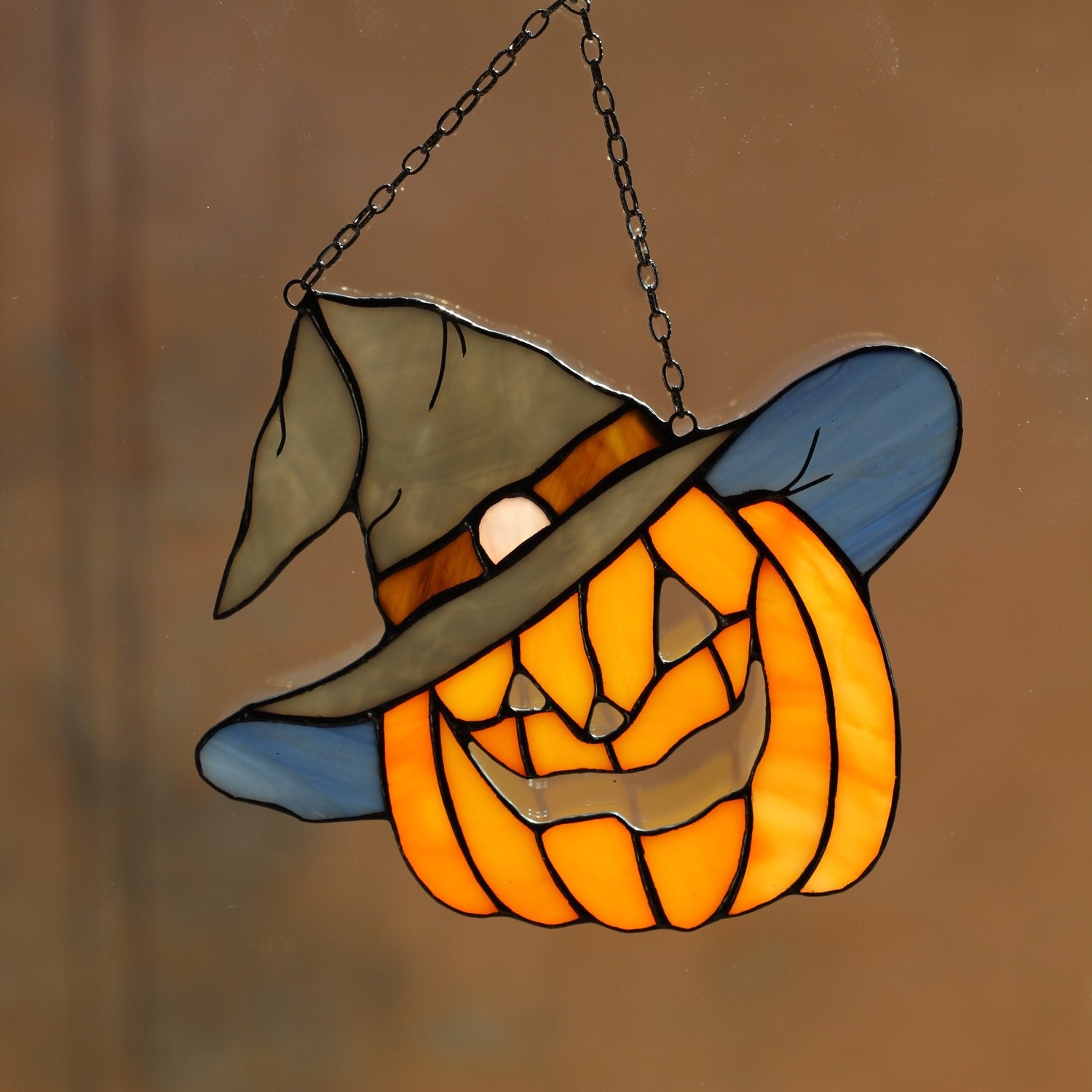 Stain Glass Pumpkin in a hat Panel Orange Halloween Suncatcher Picture Home...