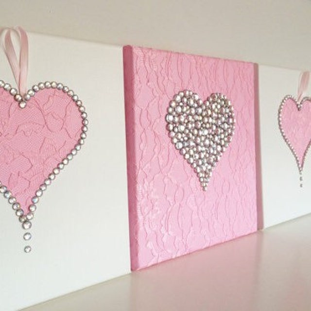 Hearts Wall Art. Set of 3 pink and white girls room handmade Etsy