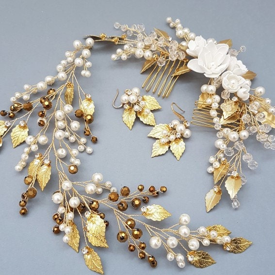 Ivory Gold Bridal hair piece Gold Bridal headpiece Gold