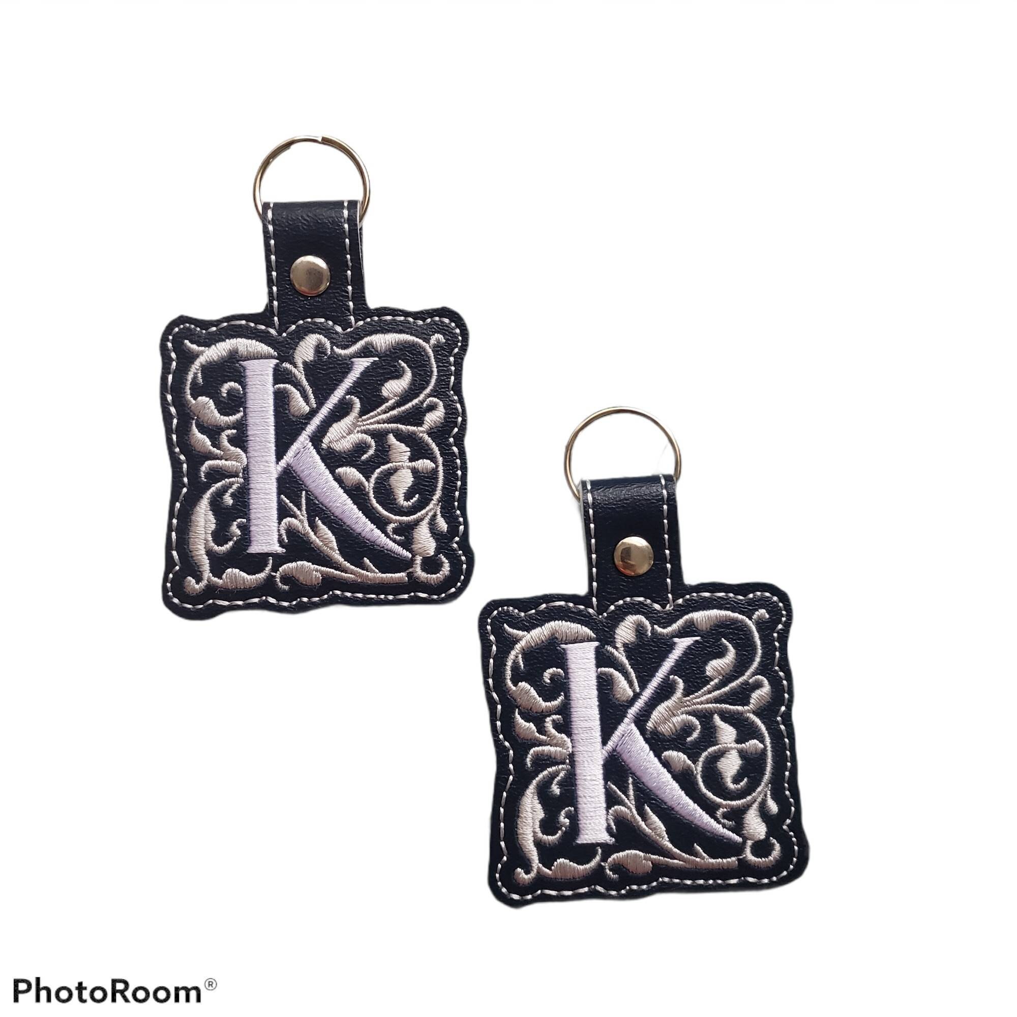 oversize tag backpack Handmade key fob key holder with initial embroidered tag personalized Navy with gold and red back to school