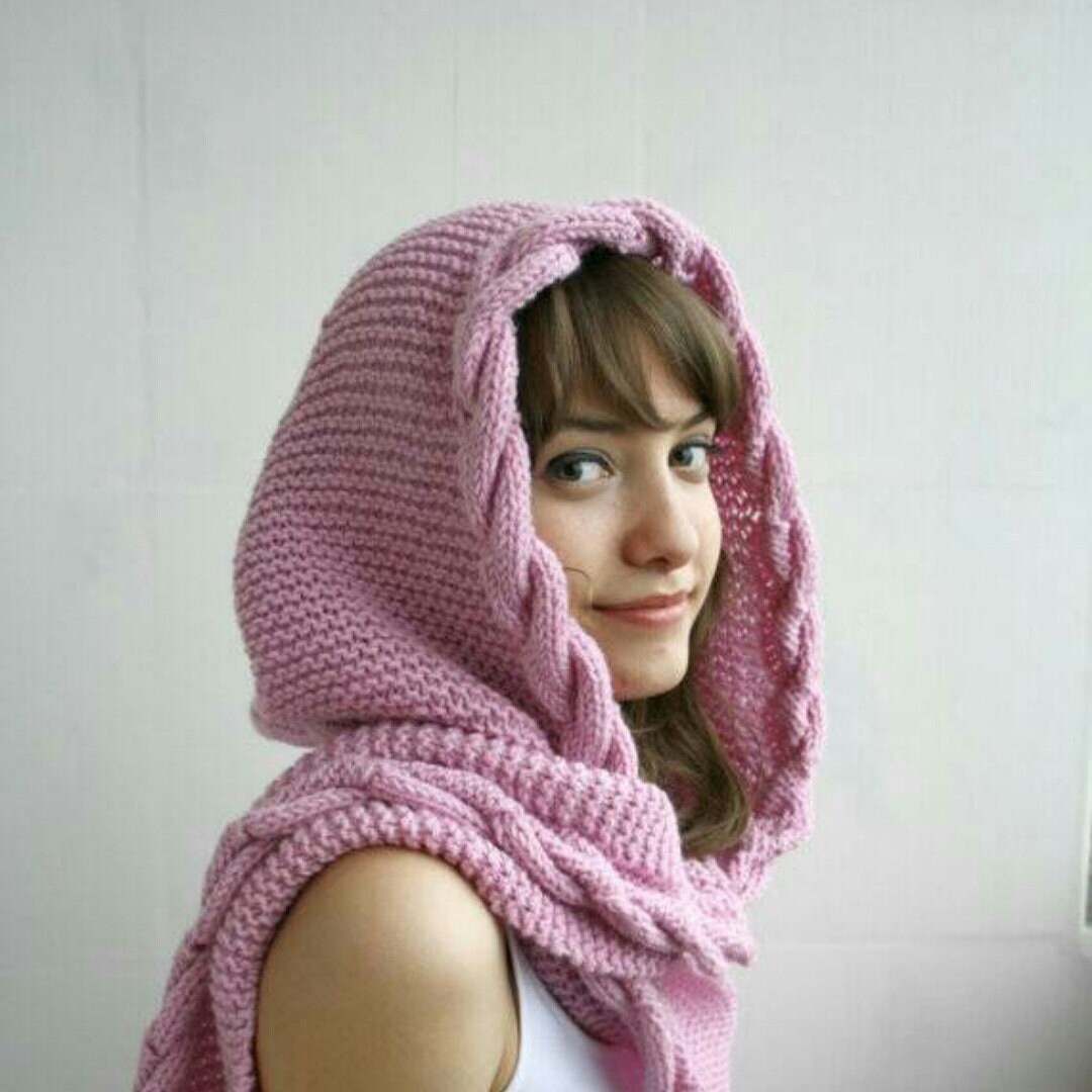 Hand Knit Pink Wool Hooded Cable Long Scarf, Woman Fashion Trends ...