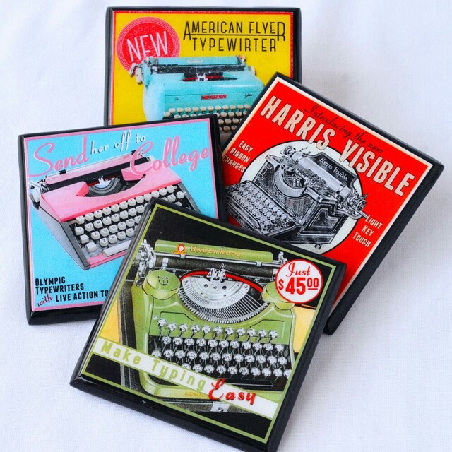 Typewriter Drink Coaster Set, Wood Coasters, Gifts for Writers, Hostess