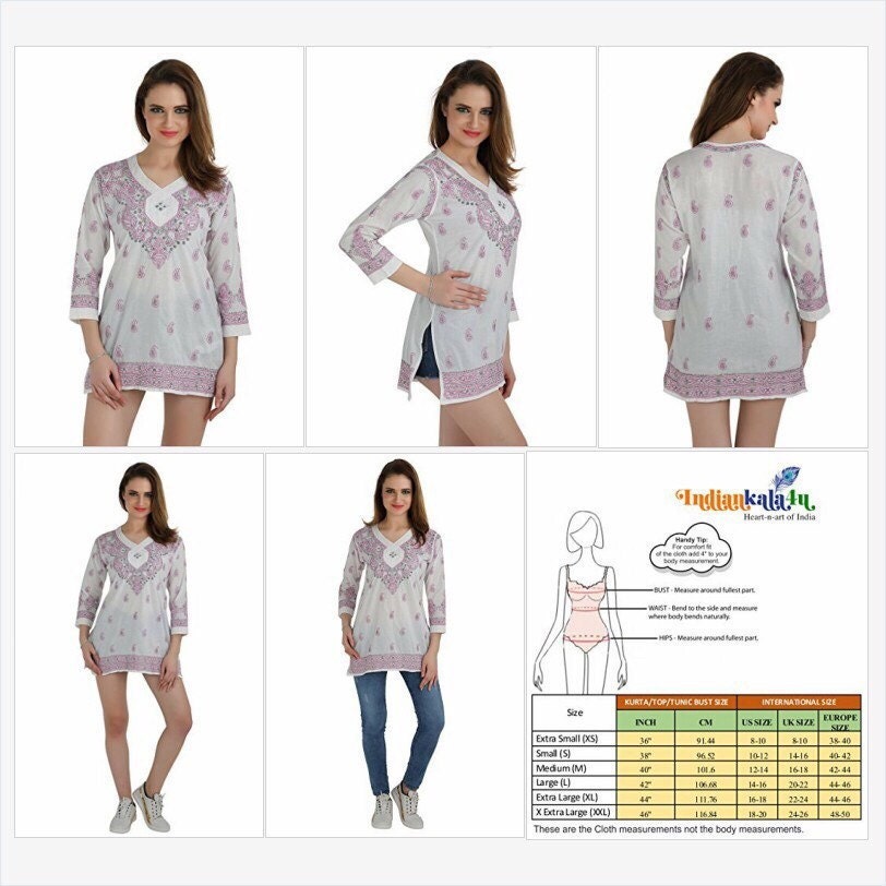 Ladies Indian Hand Craft Hand Embroidered Chikankari Tunic Kurtis Top Blouse Beach Cover Boho For Women
