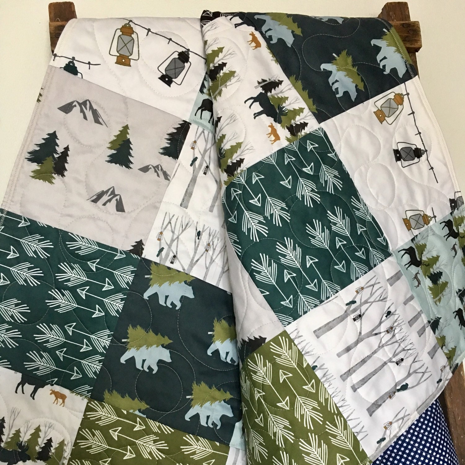 Baby Boy Mountain Quilt Blanket Navy Boy Bedding Bear Deer Etsy