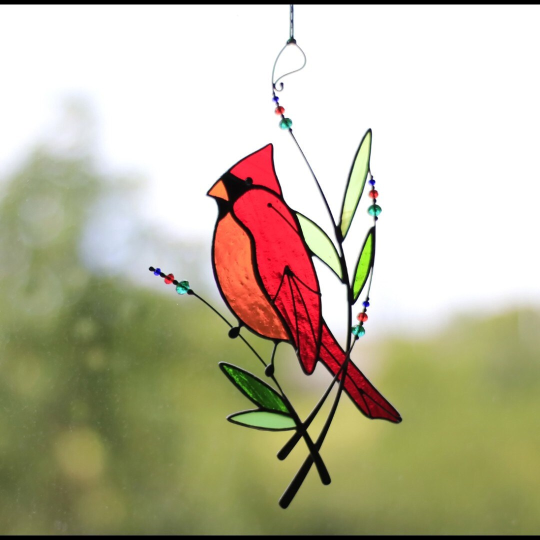 Cardinal Bird Stained Glass Window Hangings Usuny Cardinal Bird Stained Glass Ornament Lovebirds Memorial Decoration Cardinal Bird Suncatchers Red Birds Cardinal Gifts