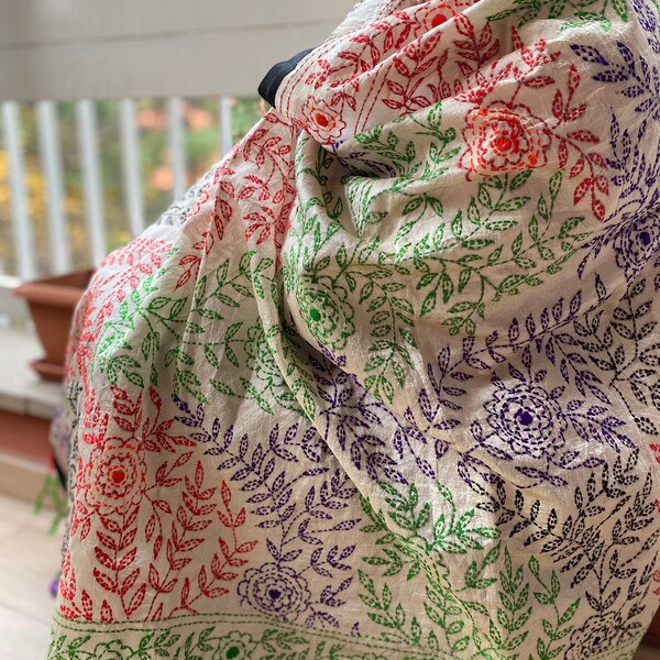 Orange - Bengal Kantha Hand Embroidery Tussar Silk Handloom Dupatta
