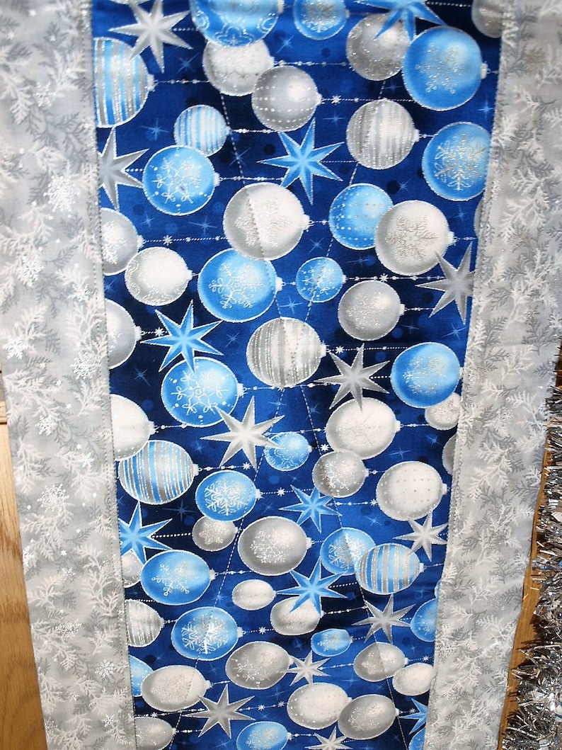 Silver and Blue Christmas Table Runner