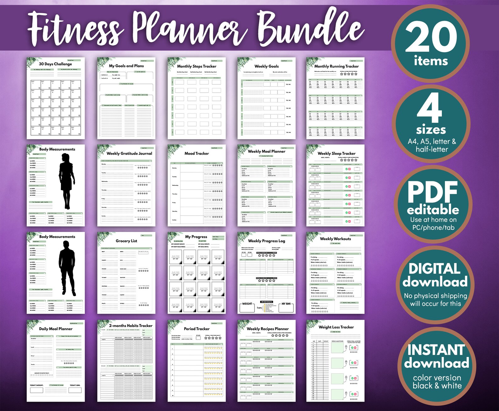 Printable Fitness Planner & Editable PDF Workout Planner