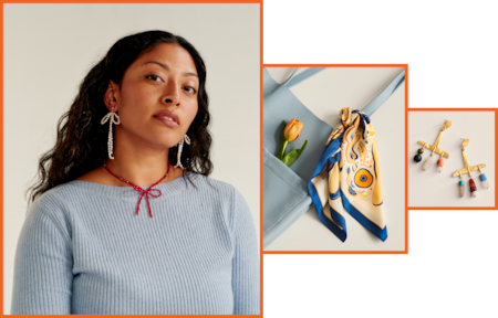 Stack of three images on the hero banner showing accessories and holiday jewelry