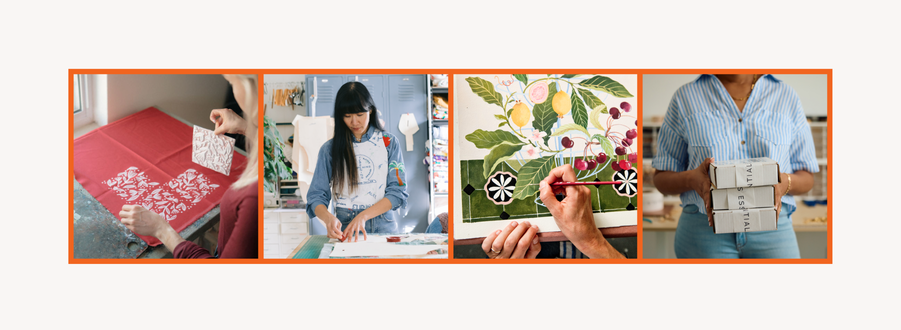 Four-panel illustration of Etsy sellers designing, making, packaging, and shipping their products to buyers.