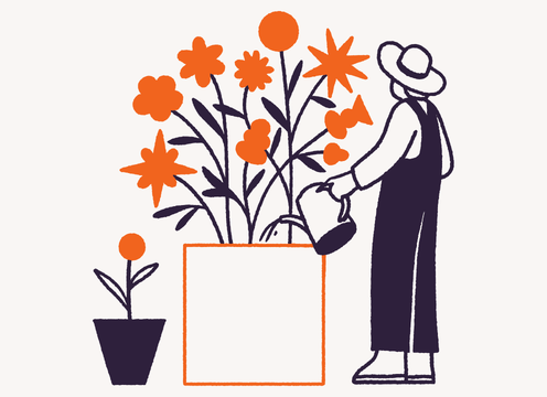 Illustration of a person watering a large flowering plant with a smaller plant beside them.