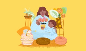 Illustration depicting a woman and a child in a cosy room. The child is presenting a potted tulip plant to the woman, surrounded by indoor plants and two stools. The scene is set against a yellow background, featuring the Etsy logo in black font in the top left corner.
