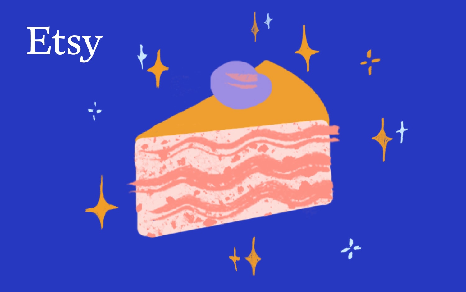 Illustrazione di una fetta di torta a strati con glassa rosa, sormontata da una decorazione viola che ricorda un frutto di bosco. La torta è collocata su uno sfondo blu intenso, cosparso di vari brillantini bianchi e gialli. Nell'angolo in alto a sinistra è presente un logo bianco di Etsy.