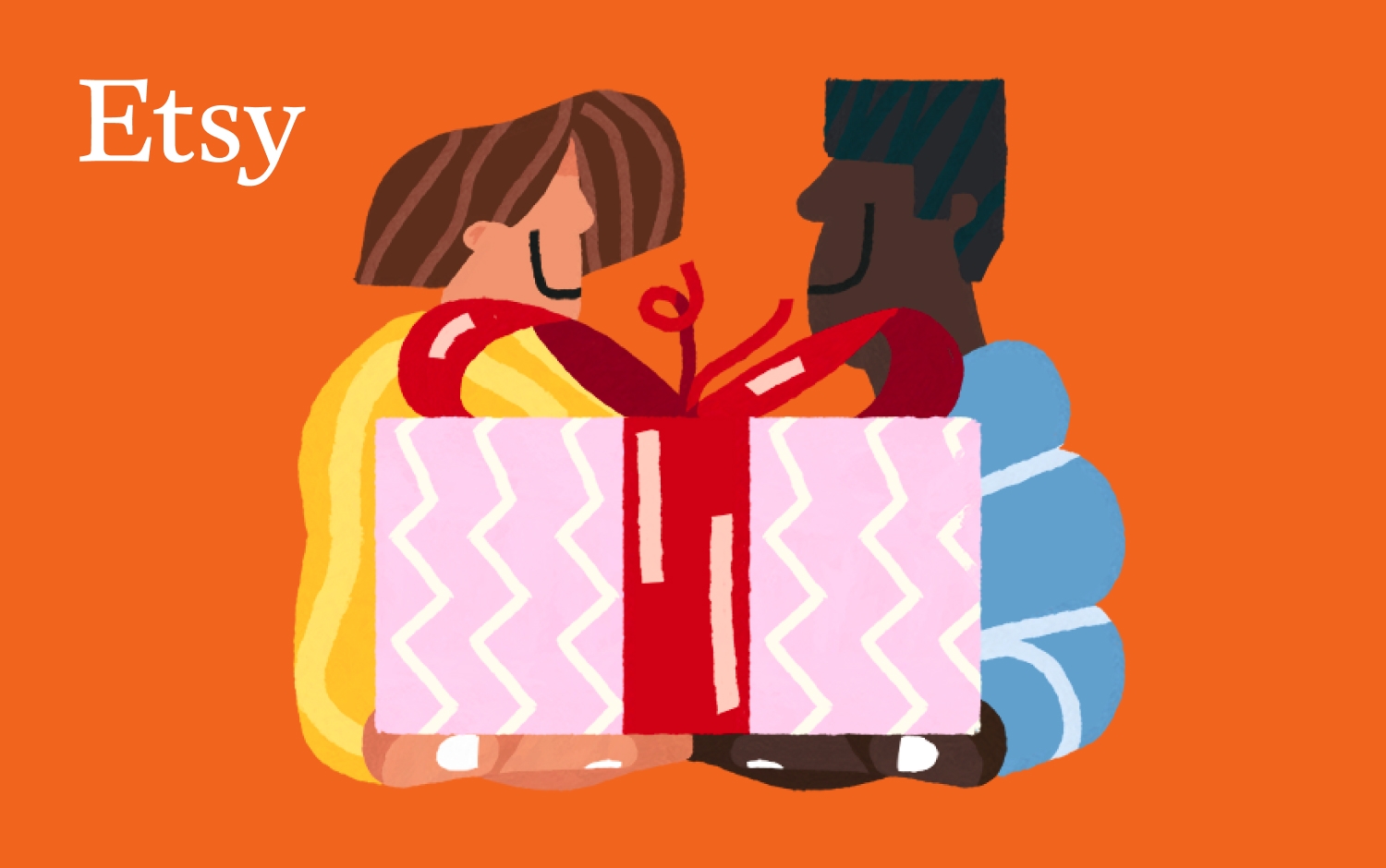 Illustration of two people holding a large pink gift box with white zig zag stripes and a red and pink ribbon, on an orange background with a small Etsy logo in white font in the top left corner