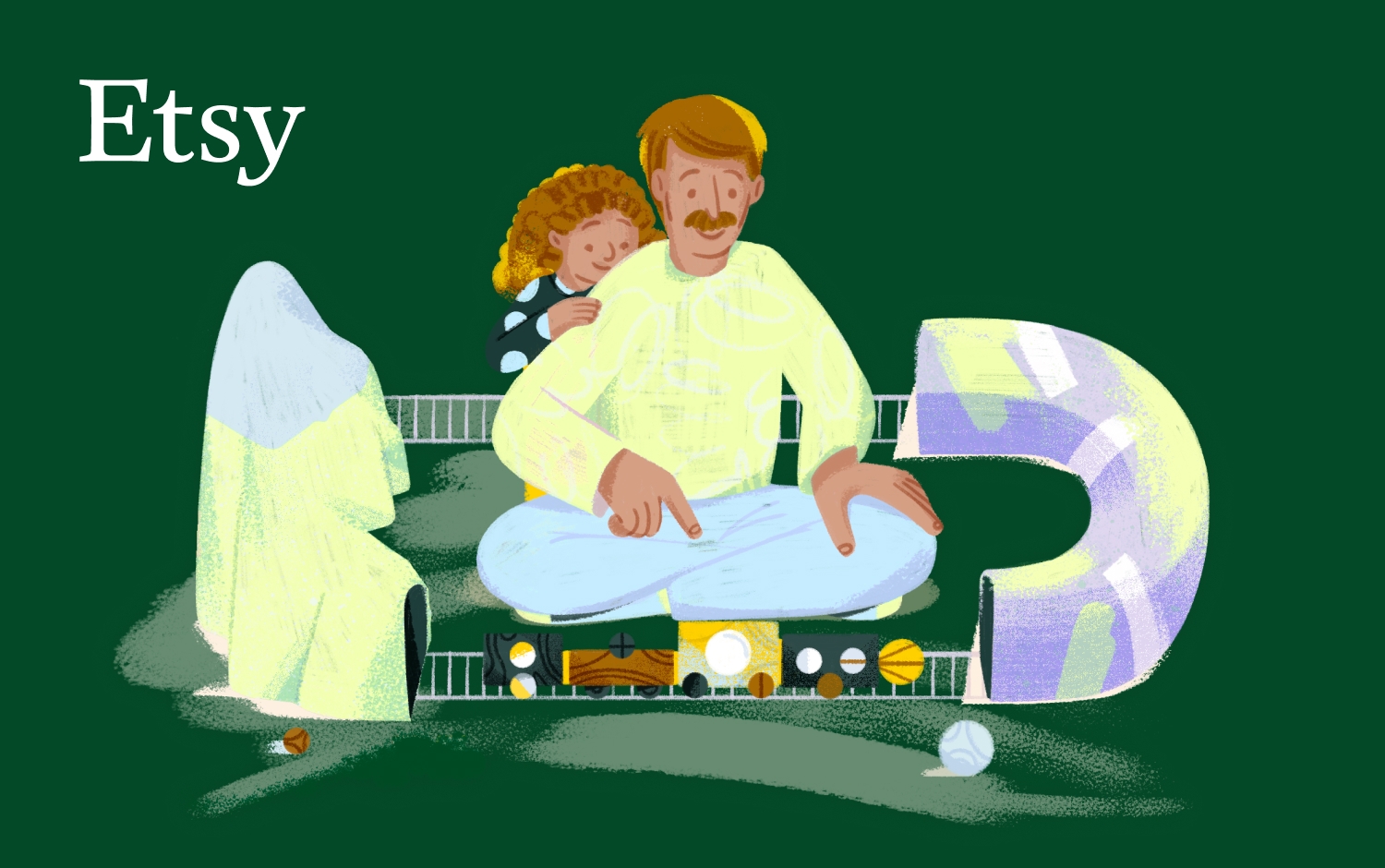 Illustration of a man with a mustache and a child with curly hair, sitting together on a green floor. The man is wearing a white shirt and light blue trousers, and the child is leaning on his back, wearing a black and white outfit. They are surrounded by various toys, including a toy train set weaving through a tunnel and past mountains, and a toy ball. The scene is set against a dark green background with the Etsy logo in white font in the top left corner