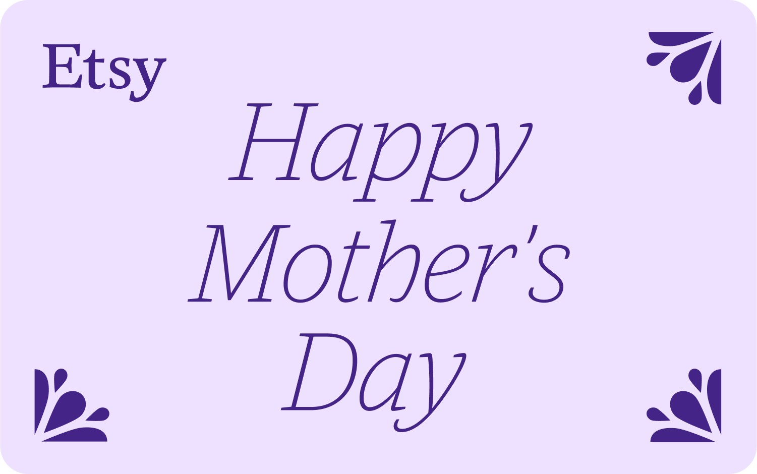 Ilustración de un fondo lavanda con flores en la parte inferior y la esquina superior izquierda en lila con el logotipo de Etsy en la esquina superior izquierda y un texto que dice Feliz Día de la Madre en el centro en letras lilas.