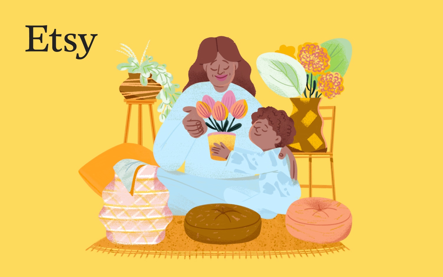 Illustration depicting a woman and a child in a cosy room. The child is presenting a potted tulip plant to the woman, surrounded by indoor plants and two stools. The scene is set against a yellow background, featuring the Etsy logo in black font in the top left corner