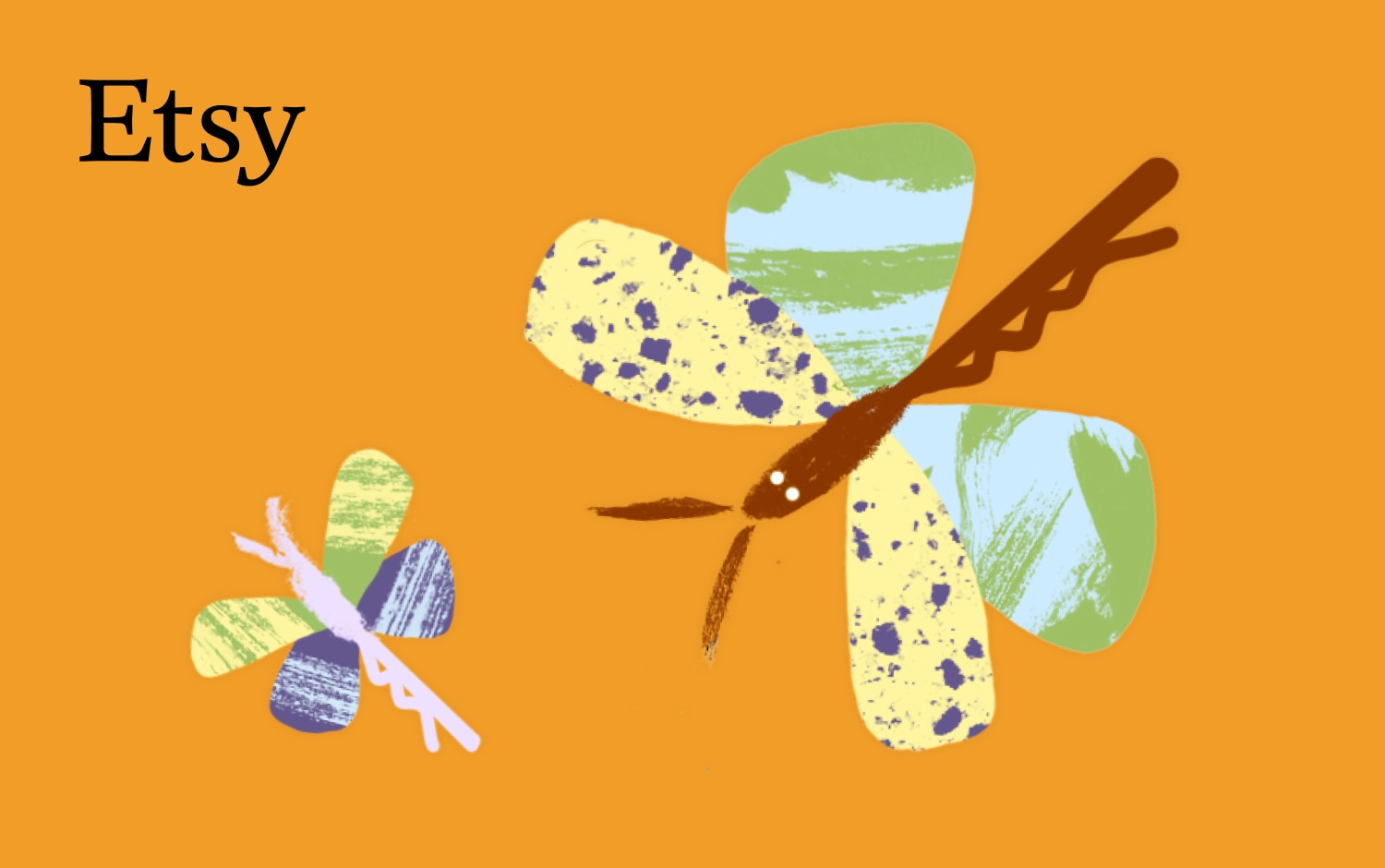Illustration représentant deux libellules abstraites aux ailes imprimées de motifs, devant un fond orange. La plus grande est au premier plan et la plus petite derrière. Elles sont placées sur un fond jaune foncé, avec le logo Etsy en caractères noirs dans le coin en haut à gauche.