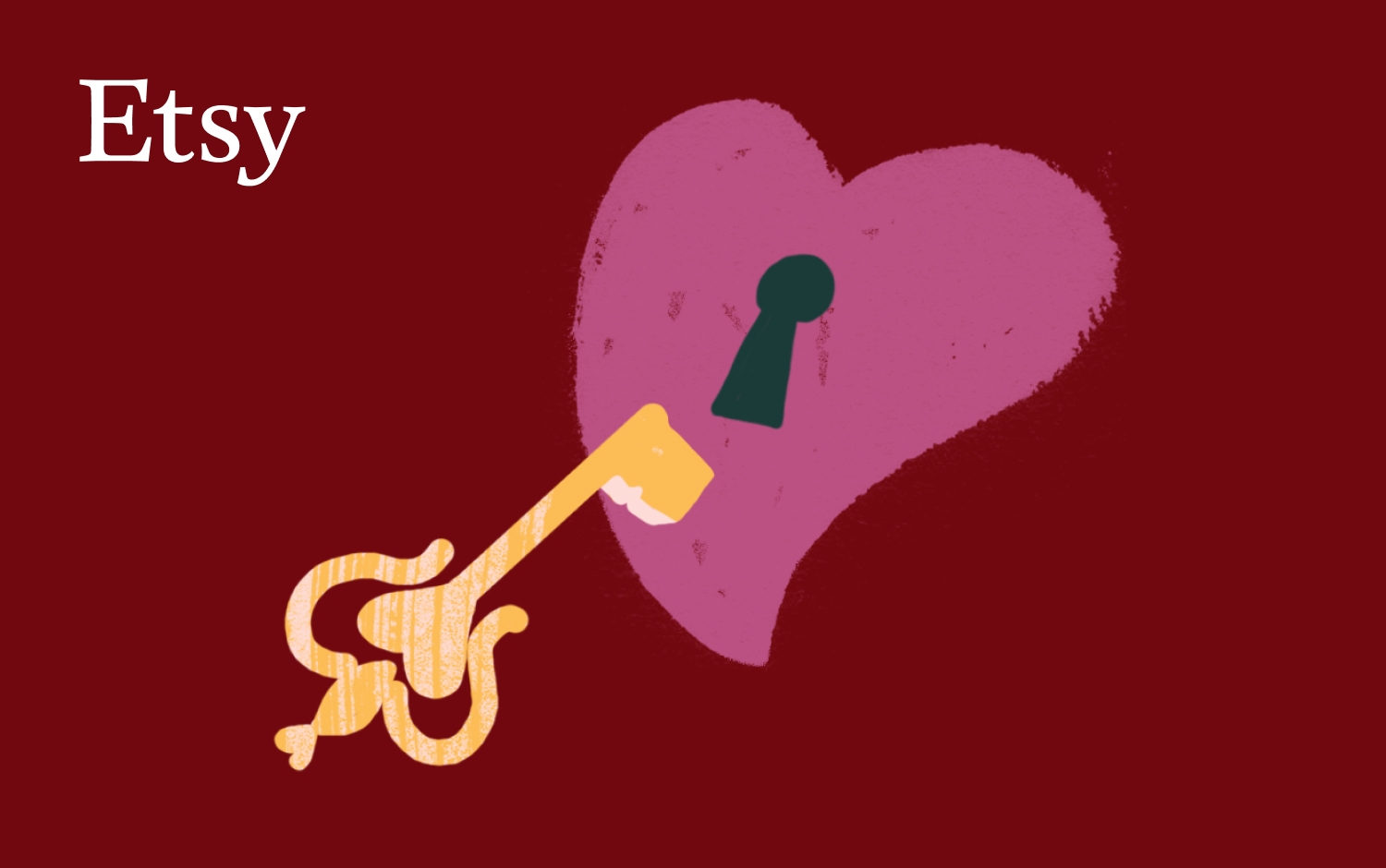 Illustration featuring a large purple heart with a black keyhole. A golden key with intricate details is inserted into the keyhole. The scene is set on a dark red background with an Etsy logo in white font in the top left corner
