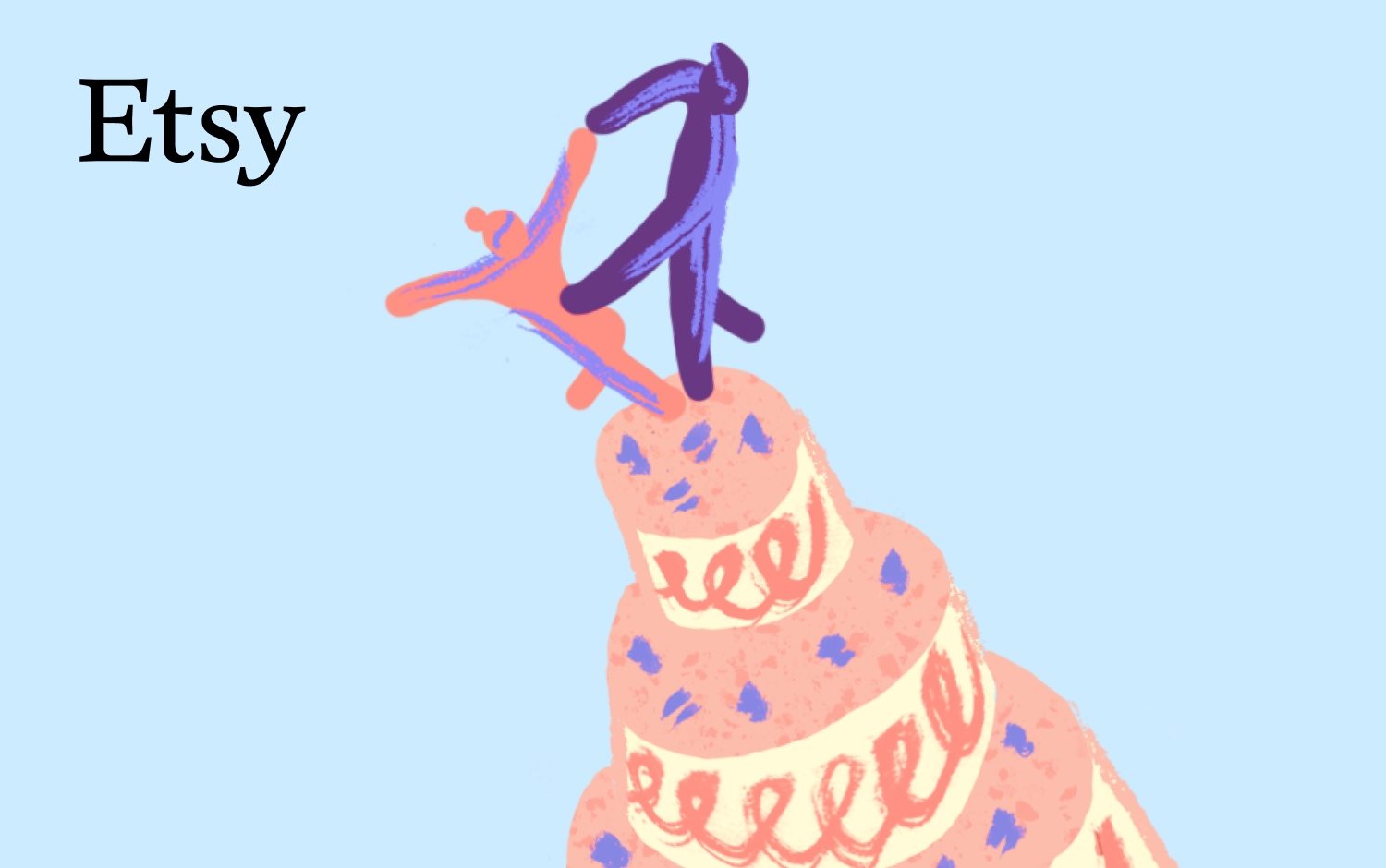 Illustration of a multi-tiered pink cake with blue accents and white decorative piping, topped with a dark blue figure of a couple dancing. The scene is set on a light blue background with an Etsy logo in black font in the top left corner