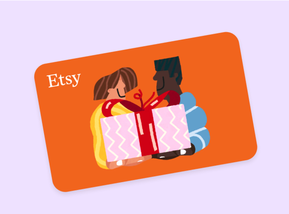 An orange holiday Etsy gift card featuring an illustration of one person exchanging a wrapped gift with another person.